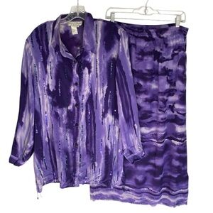 Diane Gilman Vintage 100% Silk Sequin Blouse & Midi Skirt Set Purple Plus 1X 2X